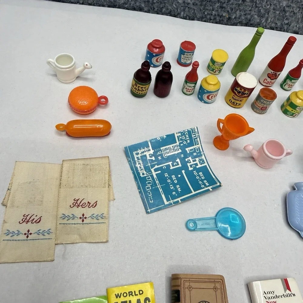 Vintage dollhouse lot miniature‎ kitchen food books his/her towels plates wallet